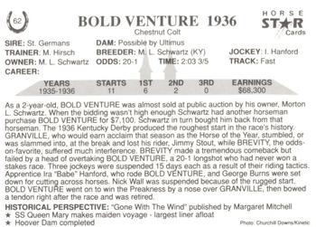 1991 Horse Star Kentucky Derby #62 Bold Venture Back